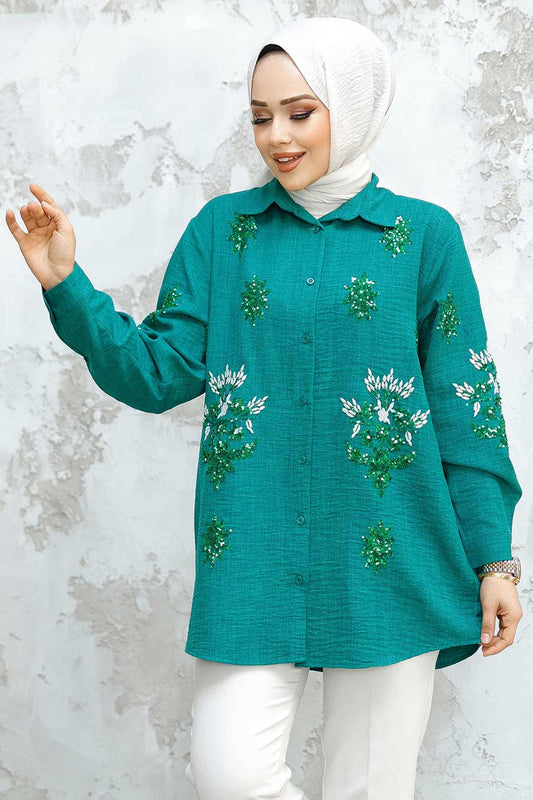 Green Sequence Embroided Shirt