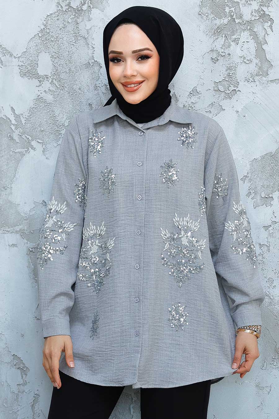 Grey Sequence Embroidered Shirt