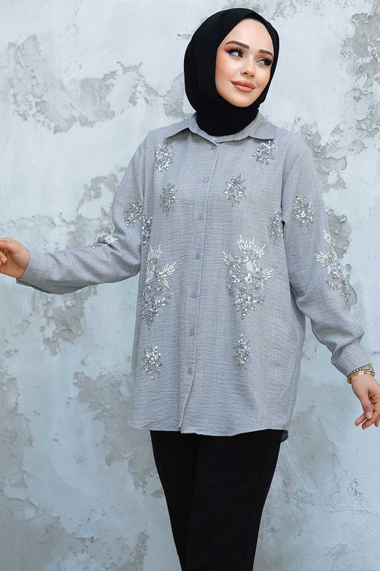 Grey Sequence Embroidered Shirt